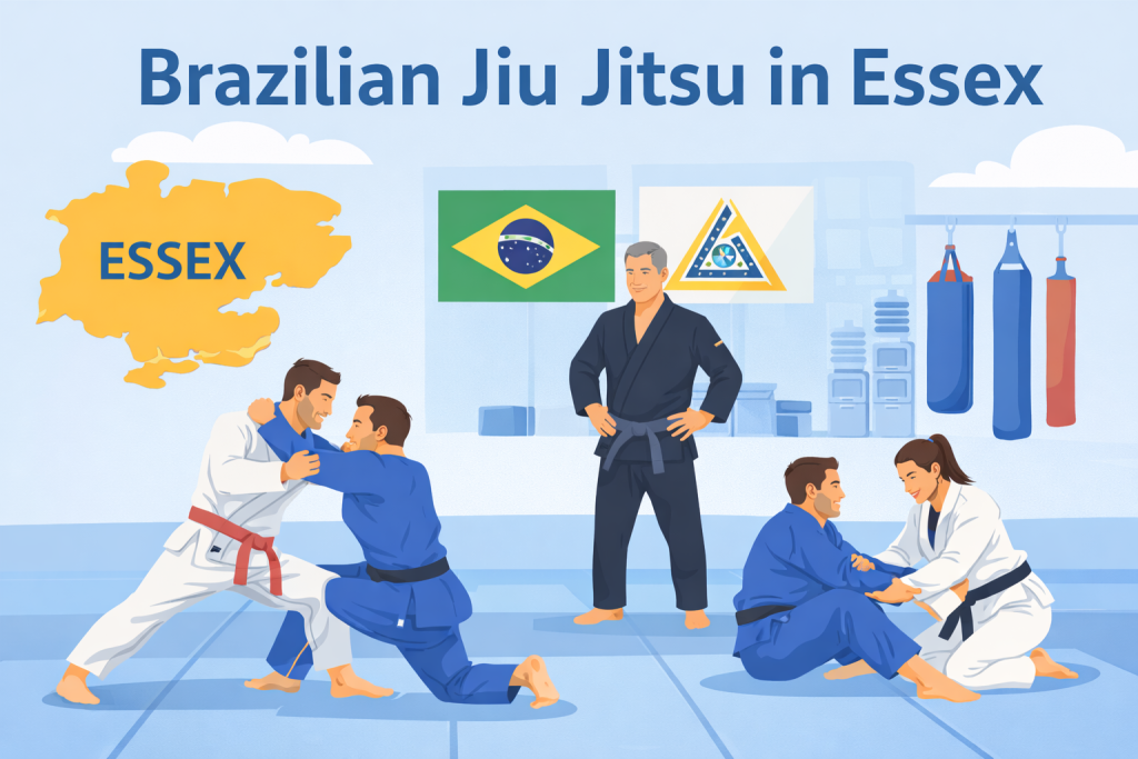 Adults training Brazilian Jiu Jitsu in a martial arts academy in Essex