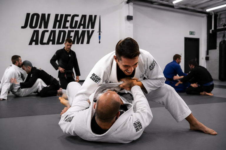 Adults training Brazilian Jiu Jitsu at Jon Hegan Academy in a modern martial arts gym in Essex