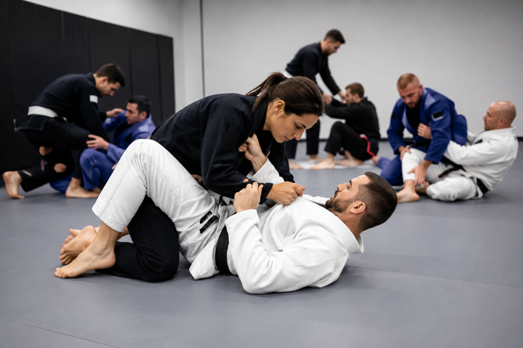 Adults training Brazilian Jiu Jitsu and martial arts techniques in a professional training academy near Hornchurch