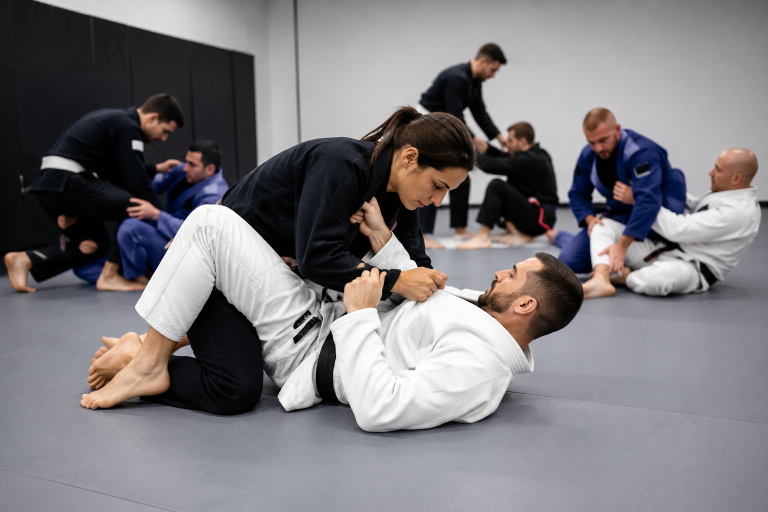 Adults training Brazilian Jiu Jitsu and martial arts techniques in a professional training academy near Hornchurch