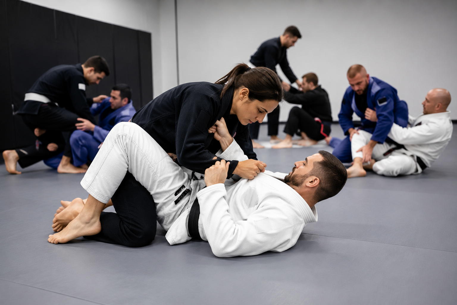Adults training Brazilian Jiu Jitsu and martial arts techniques in a professional training academy near Hornchurch