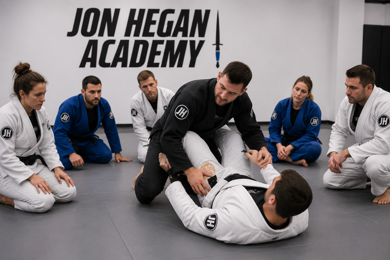Beginner Brazilian Jiu Jitsu class learning fundamental BJJ techniques at Jon Hegan Academy