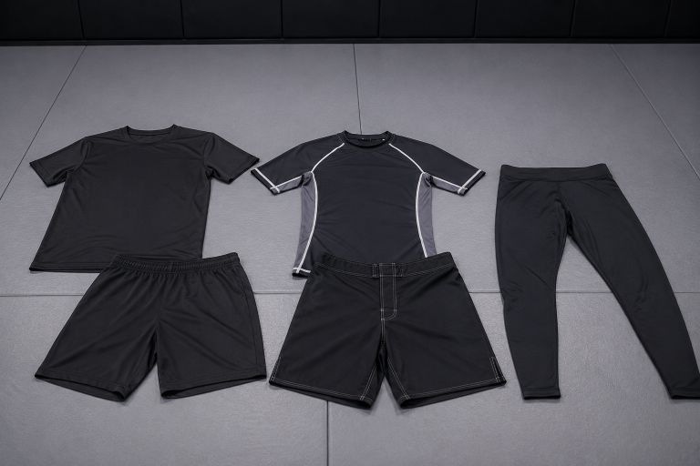 Plain T-shirt, rash guard, sports shorts and leggings suitable for a beginner Brazilian Jiu Jitsu class