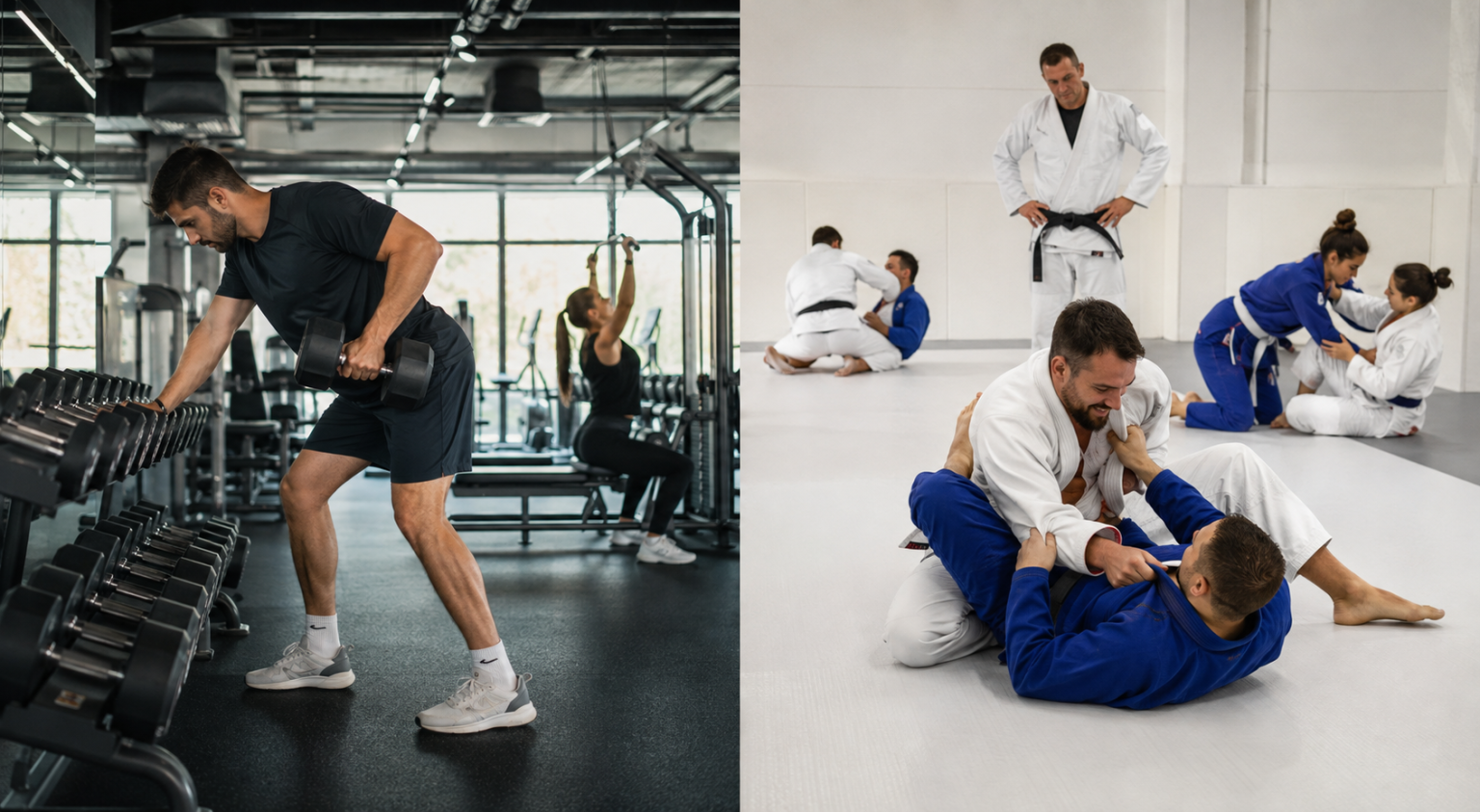 Split image comparing a conventional gym workout with a Brazilian Jiu Jitsu training class.