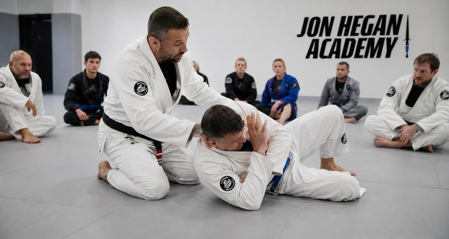 BJJ instructor demonstrating a fundamental ground escape to an adult beginner at Jon Hegan Academy.